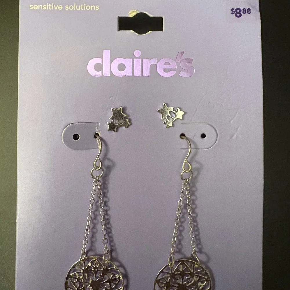 NWT Claire's Dangle Earrings Star Dreamcatcher Silver Tone;‎ Star Studs